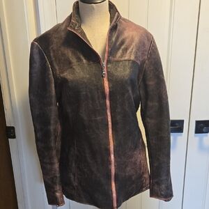 K OSS Womens Rasperry And Brown Distressed Leather Jacket Size Large